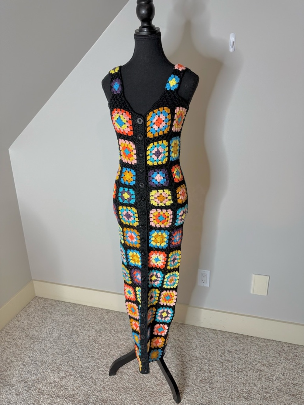 Crochet Knit Granny Square Button Down Maxi Dress Black Sleeveless Boho Medium - Picture 9 of 12
